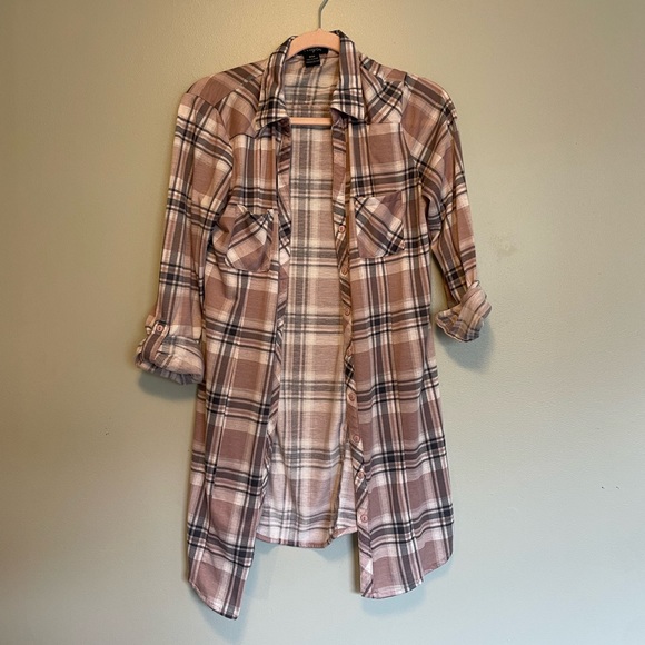 Dusty Rose Long Plaid Shirt - Picture 1 of 4